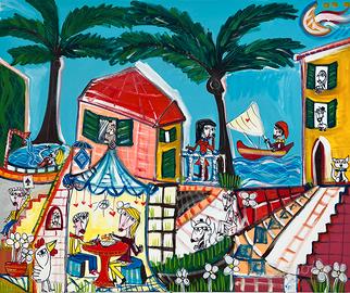 Quadro moderno olio su tela Casa al mare 100x120