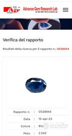 Zaffiro del Kashmir di Ct. 2.54 Blue Certificato 