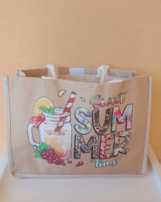Borsa Mare in Juta con Stampa a Fantasia e Comodi