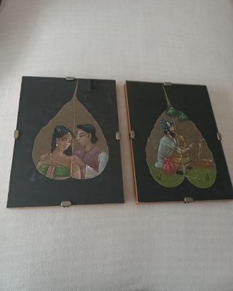Coppia di dipinti indiani su foglia di pipal 