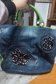 Borsa jeans con strass e paillettes
