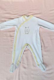 Tutina bianca /gialla cotone  con  gufetto 3 Mesi