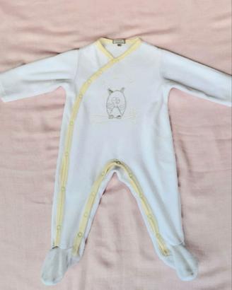 Tutina bianca /gialla cotone  con  gufetto 3 Mesi