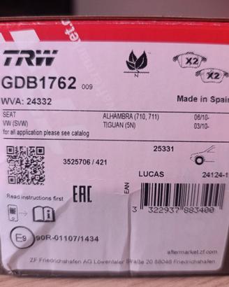 Pastiglie freni TRW GDB1762 | Audi, VW, SEAT