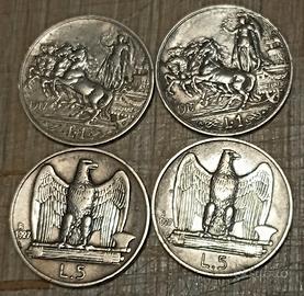 #2202 - 4 monete Regno d’Italia 1 e 5 Lire Argento