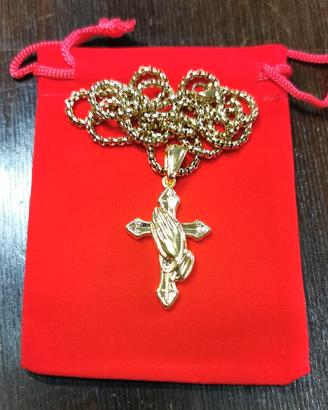 Collana e Croce mani in preghiera acciaio inossida