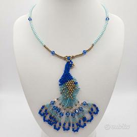 Collana Boho Etnica Perle Pendente Pavone