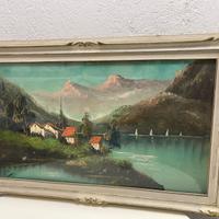 Quadri con paesaggio lacustre d'epoca olio su tela