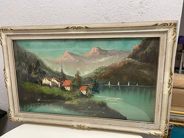 Quadri con paesaggio lacustre d'epoca olio su tela