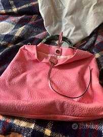 Borsa rosa in pelle con manico in osso