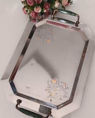 vassoio vintage acciaio inox e oro 24 carati nuovo