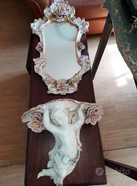 Specchio e mensola putto,  in ceramica, vintage