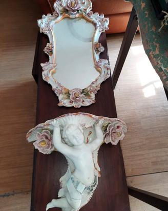 Specchio e mensola putto,  in ceramica, vintage