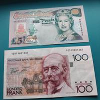 Banconote 5 pounds e 100 franchi. pezzi 2 