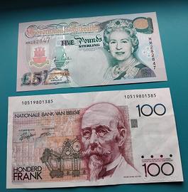 Banconote 5 pounds e 100 franchi. pezzi 2 