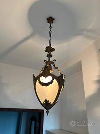 Lampadario Antico a Lanterna in Bronzo e Vetro Sat