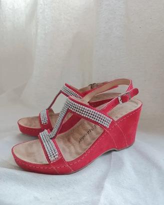 Sandali rossi pelle e strass, zeppa, gel massage