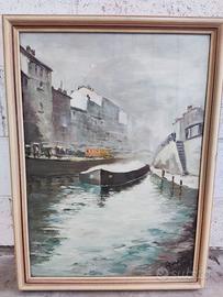 Quadro a olio "Scorcio di canale con barca"