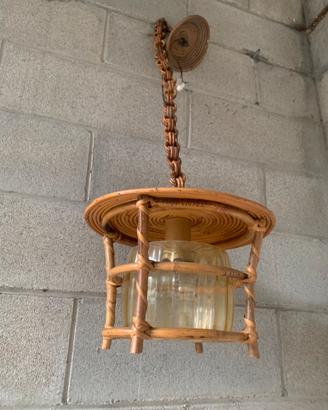 Lampadario in vimini e vetro anni 60