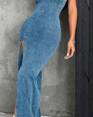 Abito lungo aderente in denim 