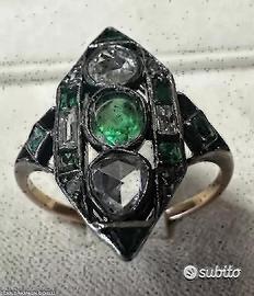 Anello anni 30 oro argento diamanti e smeraldi