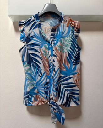 Camicia smanicata Alesya nodo e stampa tropicale S