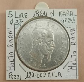 moneta 5 Lire 1864 Napoli argento
