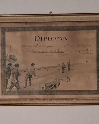 Raro Diploma gioco bocce anno 1939 + cornice