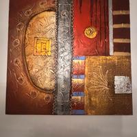Quadro astratto moderno con rilievi oro e rosso