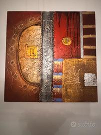 Quadro astratto moderno con rilievi oro e rosso