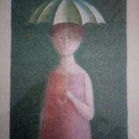 Litografia di Antonio Bueno:  "Donna con ombrello"
