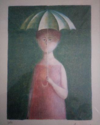 Litografia di Antonio Bueno:  "Donna con ombrello"