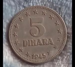 Moneta da 5 Dinari del 1945 Jugoslavia 