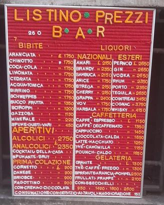 listino prezzi bar vintage lire
