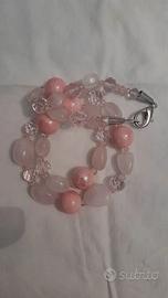 Collana in Quarzo Rosa, Ceramica e Cristalli