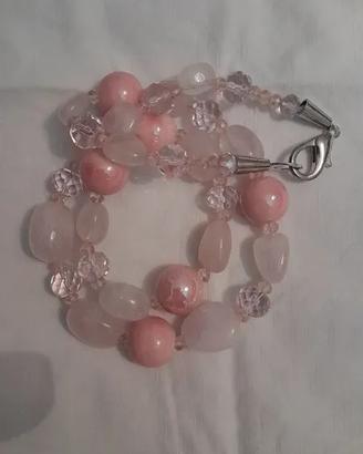 Collana in Quarzo Rosa, Ceramica e Cristalli