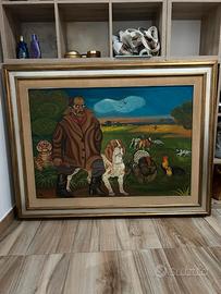 Quadro naïf olio 130x89 – Uomo con cane, tigre, ta