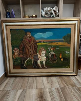 Quadro naïf olio 130x89 – Uomo con cane, tigre, ta