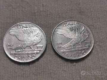 2 monete da cent 50 del 1940-41 con errore di coni