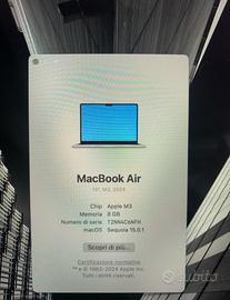 Macbook air m3  13.6 256gb/8gb grigio siderale