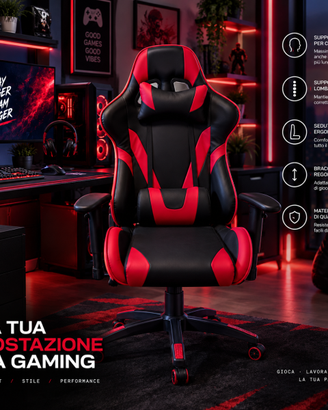 Sedia da gaming ergonomica reclinabile nera rossa