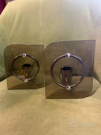 APPLIQUE VINTAGE COPPIA ACCIAIO VETRO FUME’ DESIGN