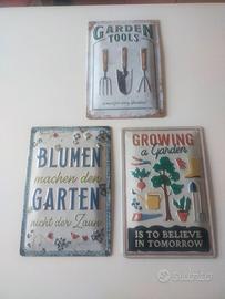Tris targhe nostalgiche in latta del giardinaggio