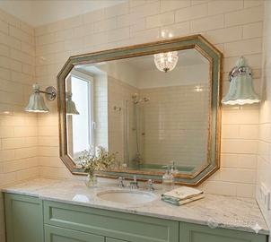 Grande specchio in legno ottagonale oro e verde 