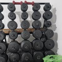 rastrelliera con pesi e bilancieri più panca