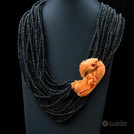 COLLANA IN SPINELLO NERO E CORALLO NATURALE  ORO