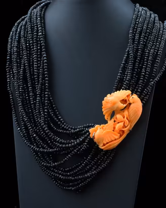 COLLANA IN SPINELLO NERO E CORALLO NATURALE  ORO