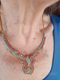Parure collier oro con rubini e turchese