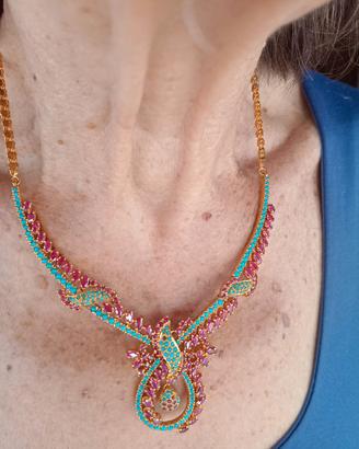 Parure collier oro con rubini e turchese
