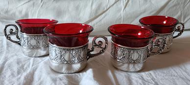 4 bicchieri antichi in vetro di Murano e argento